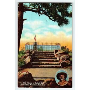 Vintage Linen Postcard Grave of Buffalo Bill Lookout Mountain Colorado